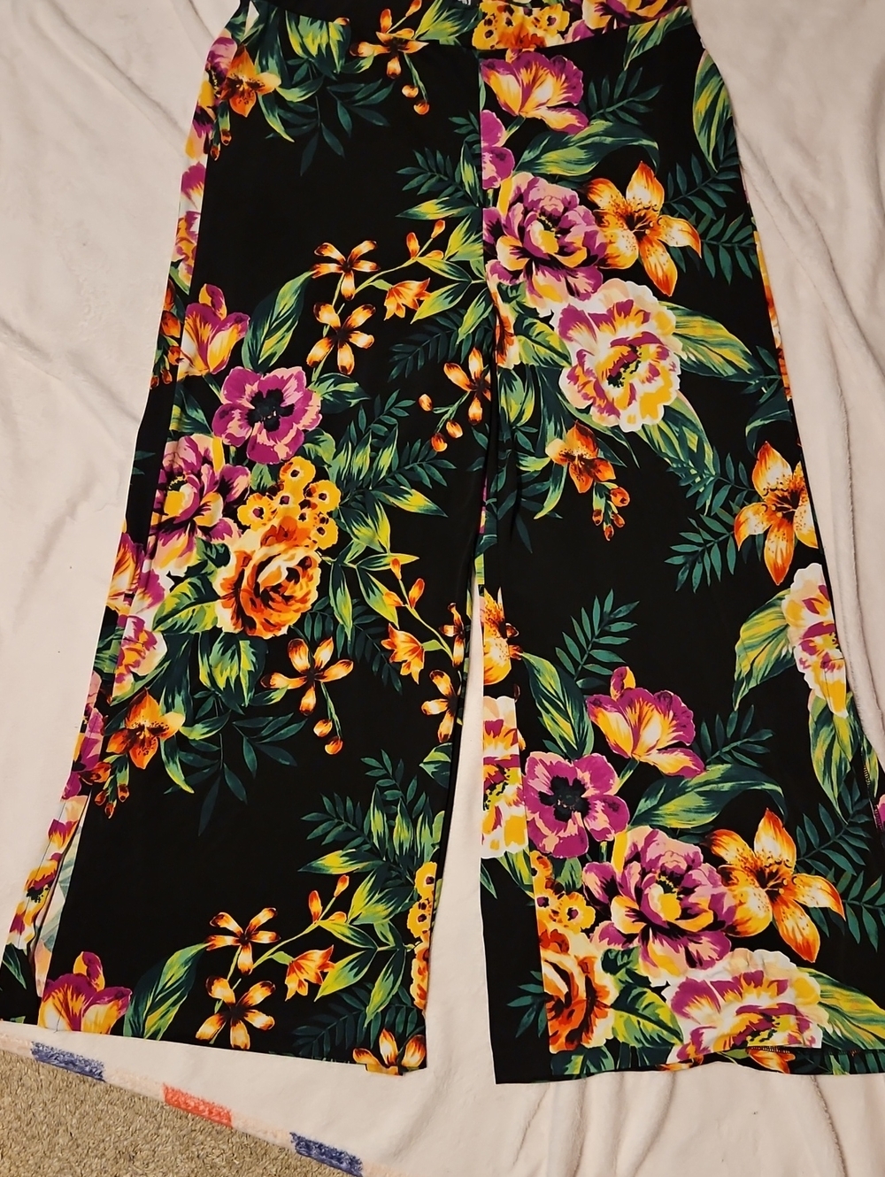 ECI Black Wide-Leg Pants with Vibrant Floral Print